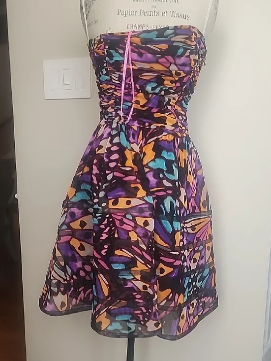 BETSEY JOHNSON NWT RUCHED BUSTIER FIT FLARE SHEER LINED PRINT DRESS SZ 10 - Picture 10 of 16